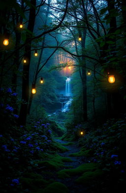 A stunning portrait of a mystical forest at dusk, with ethereal lights filtering through the trees