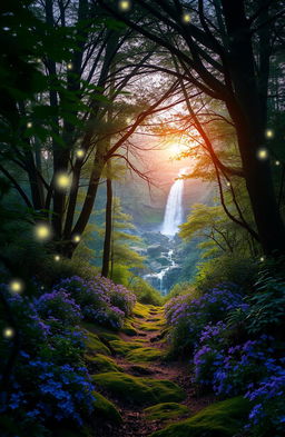 A stunning portrait of a mystical forest at dusk, with ethereal lights filtering through the trees