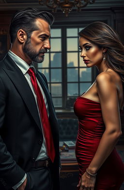 A dramatic scene depicting two mafia bosses, a man and a woman, who are rivals and also secretly in love