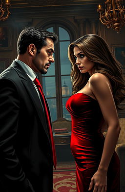 A dramatic scene depicting two mafia bosses, a man and a woman, who are rivals and also secretly in love