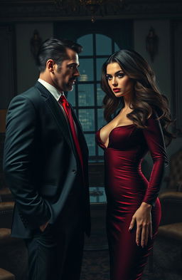 A dramatic scene depicting two mafia bosses, a man and a woman, who are rivals and also secretly in love
