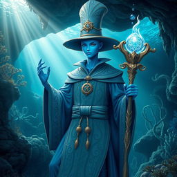 A striking blue humanoid figure capable of living underwater, adorned in intricate mage robes that flow elegantly, featuring mystical symbols and patterns