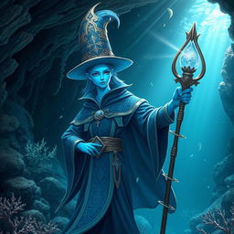 A striking blue humanoid figure capable of living underwater, adorned in intricate mage robes that flow elegantly, featuring mystical symbols and patterns