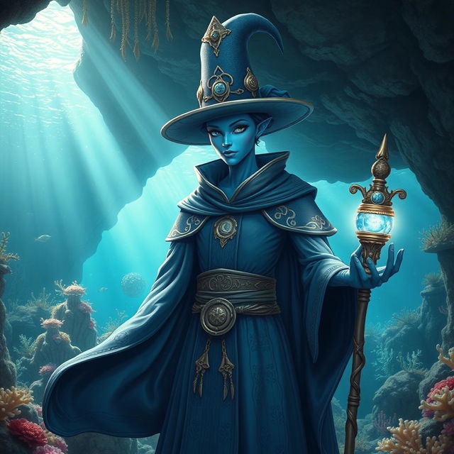 A striking blue humanoid figure capable of living underwater, adorned in intricate mage robes that flow elegantly, featuring mystical symbols and patterns