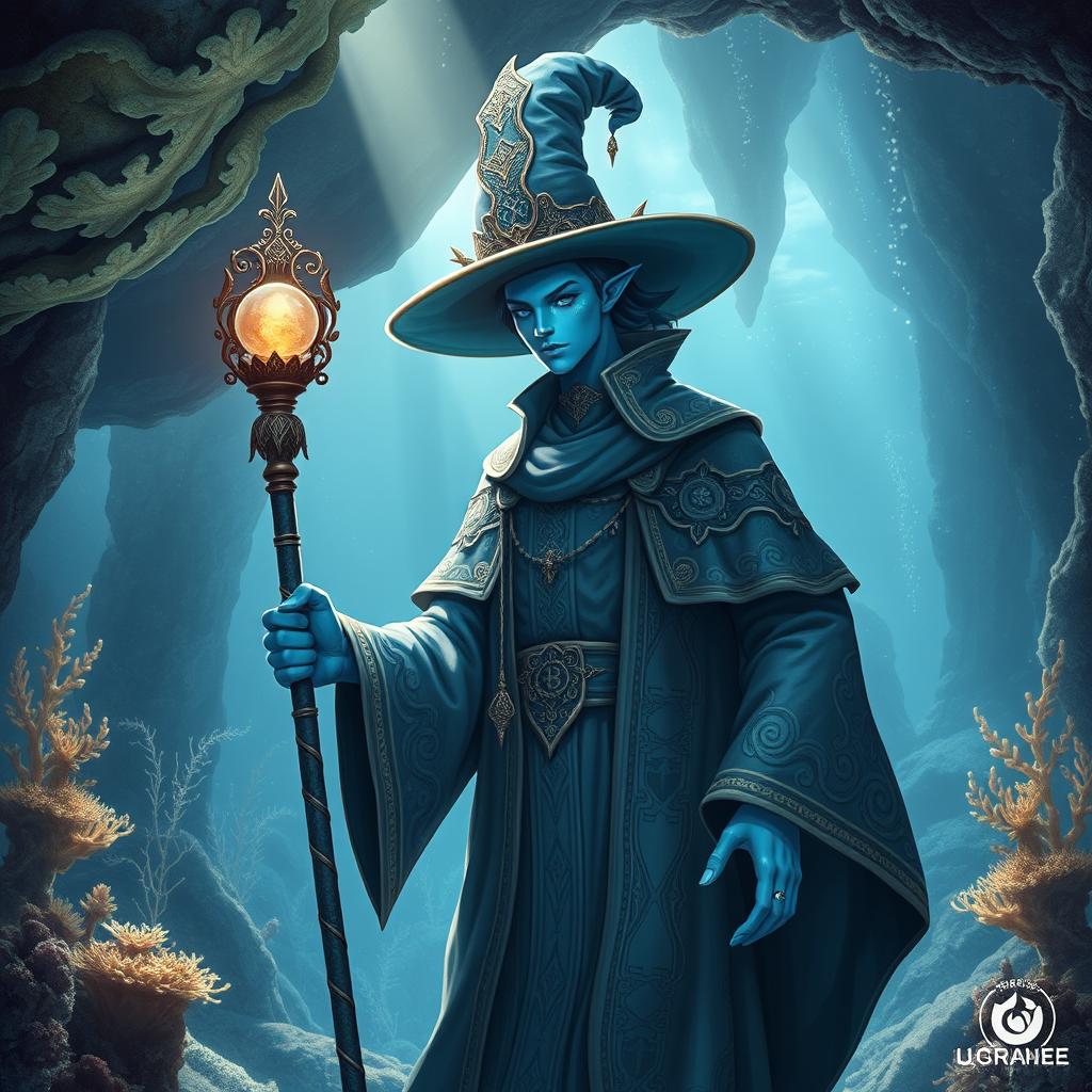 A striking blue humanoid figure capable of living underwater, adorned in intricate mage robes that flow elegantly, featuring mystical symbols and patterns