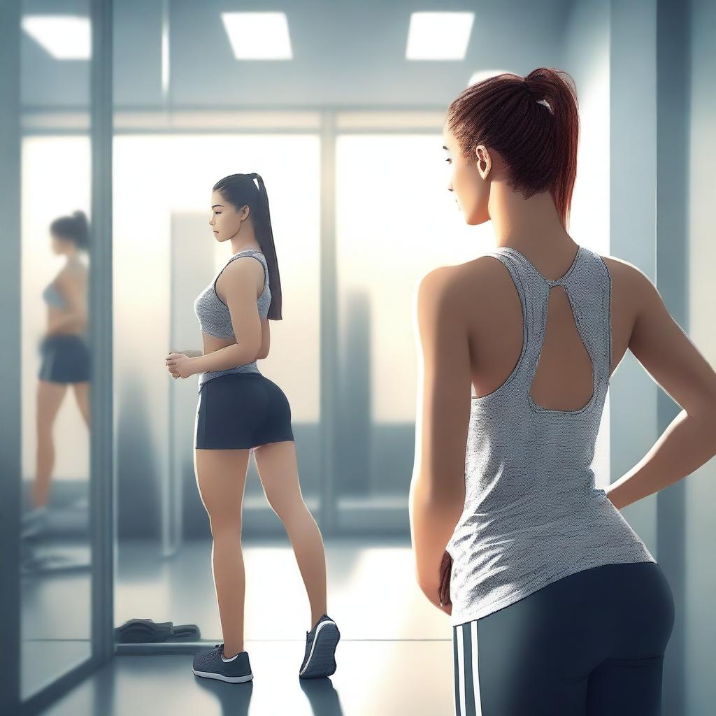 A high-quality digital art representation of a young woman in a gym changing room