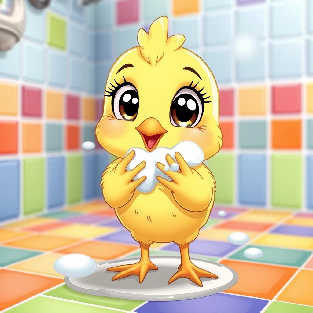 A cute cartoon character of a little chicken washing its tiny hands with soap