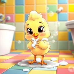 A cute cartoon character of a little chicken washing its tiny hands with soap