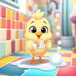 A cute cartoon character of a little chicken washing its tiny hands with soap