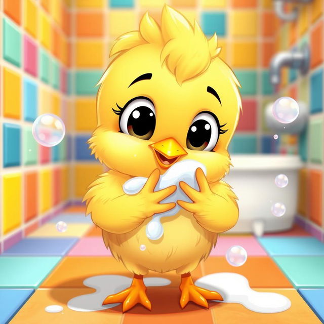 A cute cartoon character of a little chicken washing its tiny hands with soap