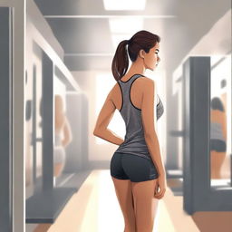 A high-quality digital art representation of a young woman in a gym changing room