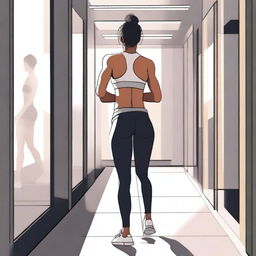 A high-quality digital art representation of a young woman in a gym changing room