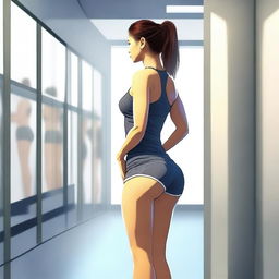 A high-quality digital art representation of a young woman in a gym changing room