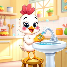 A cute cartoon character of a little chicken washing its hands at a sink