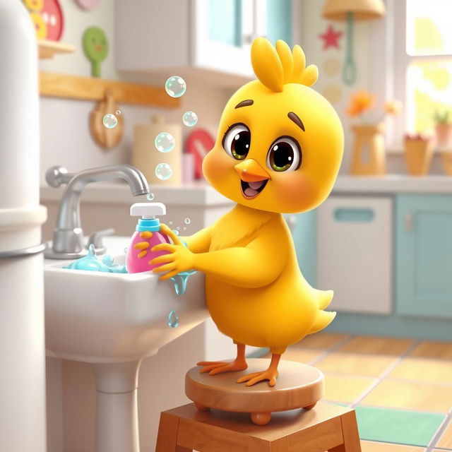 A cute cartoon character of a little chicken washing its hands at a sink