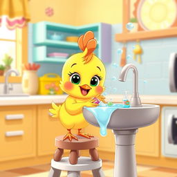 A cute cartoon character of a little chicken washing its hands at a sink