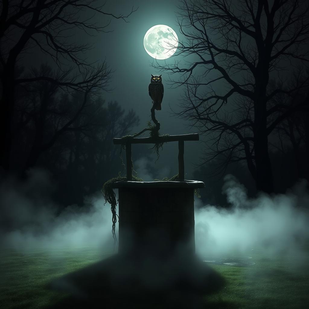 A spooky well surrounded by mist on a silent night, with a full moon casting eerie shadows