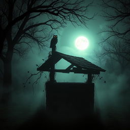 A spooky well surrounded by mist on a silent night, with a full moon casting eerie shadows