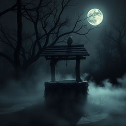 A spooky well surrounded by mist on a silent night, with a full moon casting eerie shadows