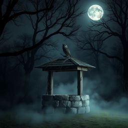 A spooky well surrounded by mist on a silent night, with a full moon casting eerie shadows
