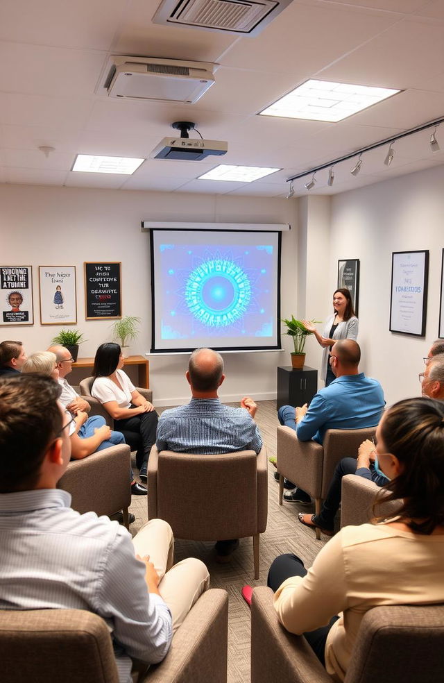 A professional setting for a self-hypnosis training workshop, featuring a diverse group of adults engaged in interactive activities