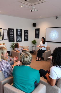 A professional setting for a self-hypnosis training workshop, featuring a diverse group of adults engaged in interactive activities