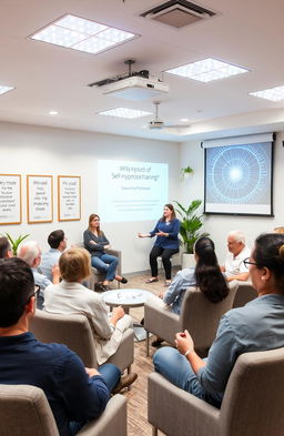 A professional setting for a self-hypnosis training workshop, featuring a diverse group of adults engaged in interactive activities