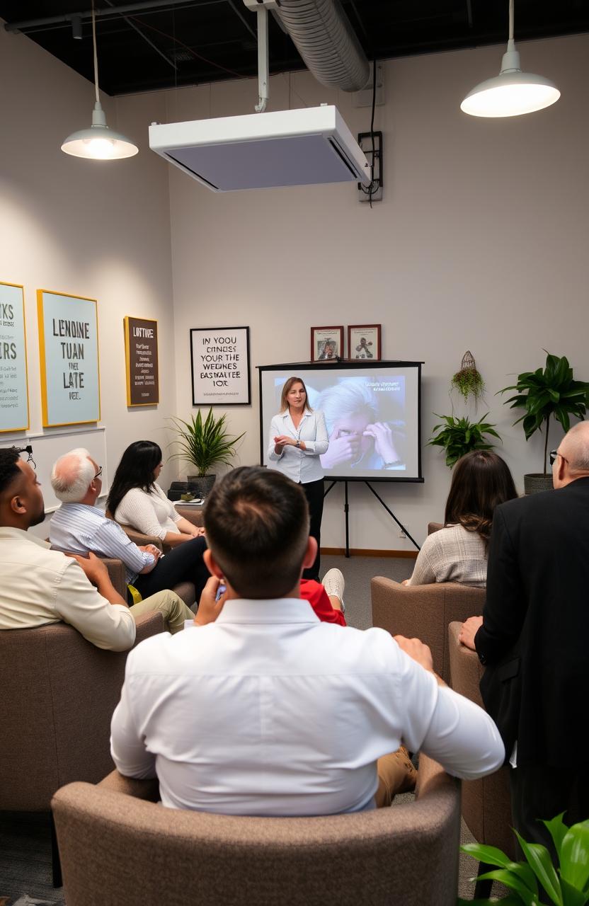 A professional setting for a self-hypnosis training workshop, featuring a diverse group of adults engaged in interactive activities