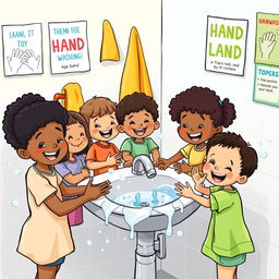 A colorful and cheerful illustration depicting a group of diverse children happily washing their hands at a sink