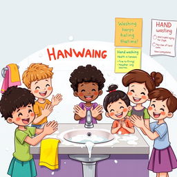 A colorful and cheerful illustration depicting a group of diverse children happily washing their hands at a sink