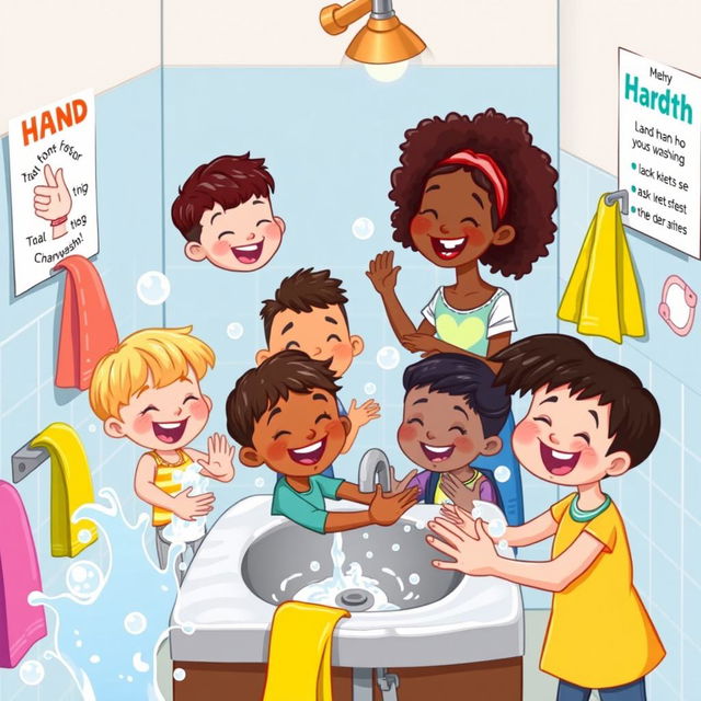 A colorful and cheerful illustration depicting a group of diverse children happily washing their hands at a sink