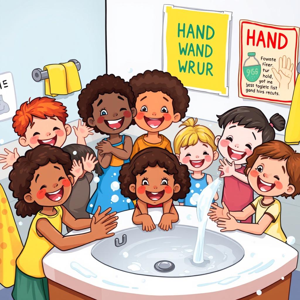 A colorful and cheerful illustration depicting a group of diverse children happily washing their hands at a sink