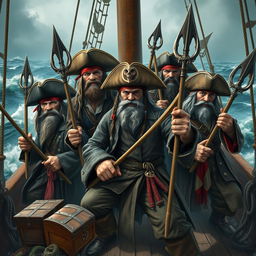 A group of rugged human pirates armed with intricately designed tridents, showcasing a diverse range of pirate styles, from classic hats and coats to rugged leather outfits