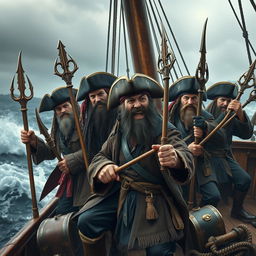 A group of rugged human pirates armed with intricately designed tridents, showcasing a diverse range of pirate styles, from classic hats and coats to rugged leather outfits