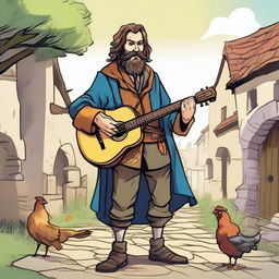 A vivid illustration of a whimsical fantasy bard, portrayed as a homeless vagrant