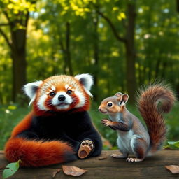 A charming scene featuring a red panda, with its distinct reddish-brown fur and playful demeanor, sitting comfortably beside a small, curious squirrel with a bushy tail