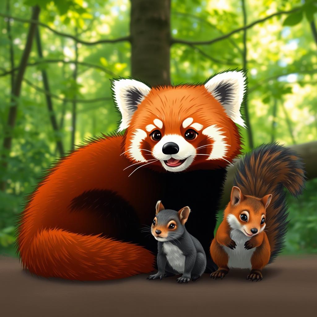 A charming scene featuring a red panda, with its distinct reddish-brown fur and playful demeanor, sitting comfortably beside a small, curious squirrel with a bushy tail