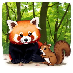 A charming scene featuring a red panda, with its distinct reddish-brown fur and playful demeanor, sitting comfortably beside a small, curious squirrel with a bushy tail