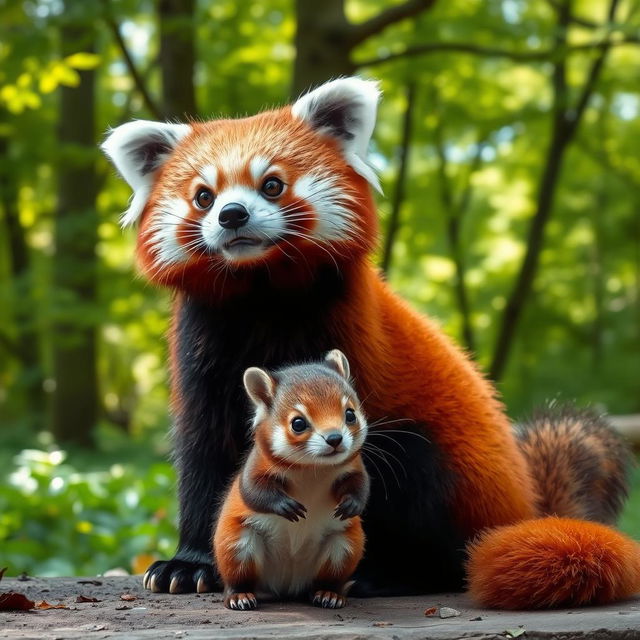 A charming scene featuring a red panda, with its distinct reddish-brown fur and playful demeanor, sitting comfortably beside a small, curious squirrel with a bushy tail