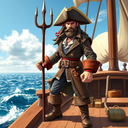 An adventurous human pirate standing confidently on the deck of a pirate ship, brandishing a beautifully designed trident in one hand