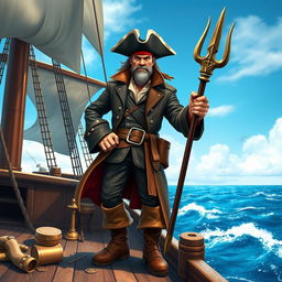 An adventurous human pirate standing confidently on the deck of a pirate ship, brandishing a beautifully designed trident in one hand