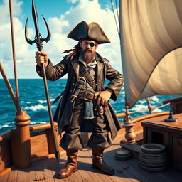 An adventurous human pirate standing confidently on the deck of a pirate ship, brandishing a beautifully designed trident in one hand