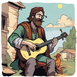 A vivid illustration of a whimsical fantasy bard, portrayed as a homeless vagrant