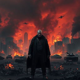 A super realistic apocalyptic scene featuring a burning city skyline with flames consuming ruined buildings