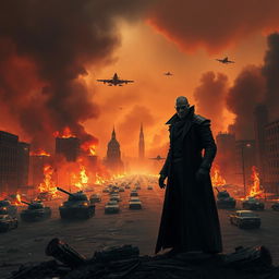 A super realistic apocalyptic scene featuring a burning city skyline with flames consuming ruined buildings