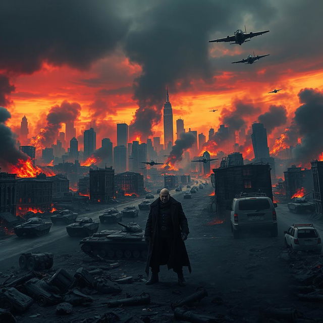 A super realistic apocalyptic scene featuring a burning city skyline with flames consuming ruined buildings