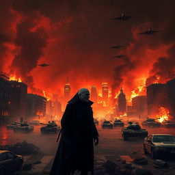 A super realistic apocalyptic scene featuring a burning city skyline with flames consuming ruined buildings