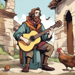 A vivid illustration of a whimsical fantasy bard, portrayed as a homeless vagrant