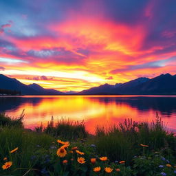 A serene landscape depicting a stunning sunset over a calm lake, with vibrant hues of orange, pink, and purple reflecting on the water's surface