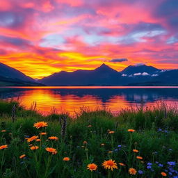 A serene landscape depicting a stunning sunset over a calm lake, with vibrant hues of orange, pink, and purple reflecting on the water's surface